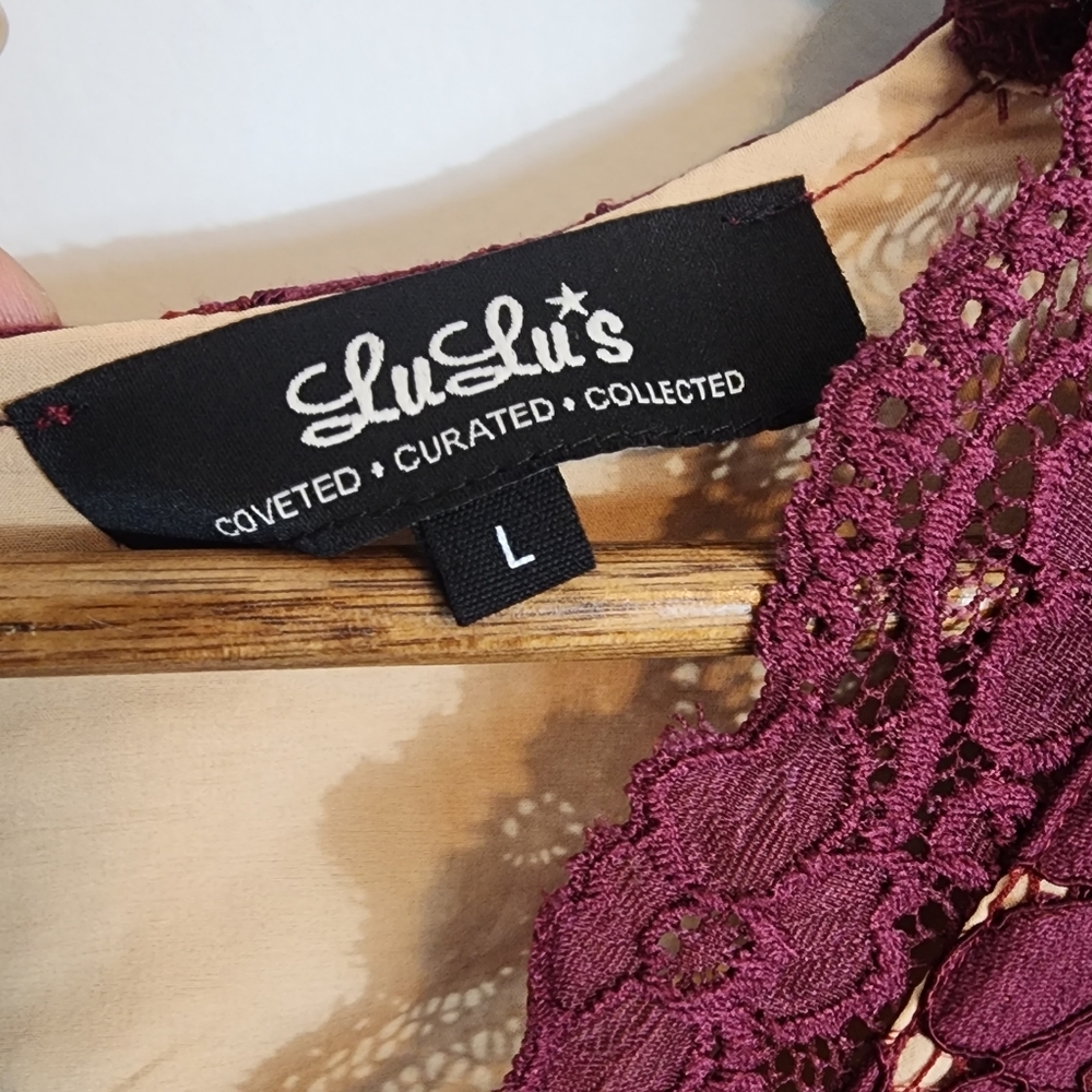 Lulu’s Swooner or Later burgundy long sleeve lace deep v neck bodycon dress SZ L - Picture 3 of 11